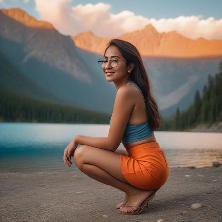 a latina girl crouching on the shore of a blue lake among mountains, side view, big round glasses,  sleeveless crop top, underboob, swooping boobs, short mini skirt, smile, warm light with the sun setting between the mountains peaks and the orange clouds,