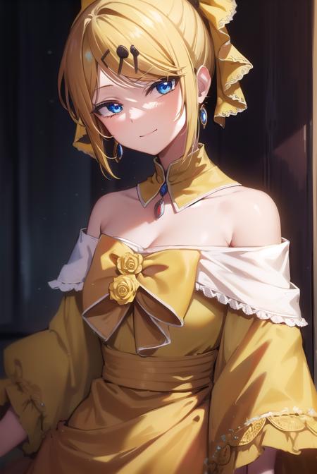 riliane, blonde hair, blue eyes, ponytail, short hair, parted bangs, bow, bracelet, dangle earrings, detached collar, dress, (yellow dress:1.5), dress bow, earrings, flower, flower brooch, frilled dress, frills, gown, hair bow, hair ornament, hairclip, jewelry, long sleeves, necklace, off shoulder, off-shoulder dress, pendant, sash, wide sleeves,