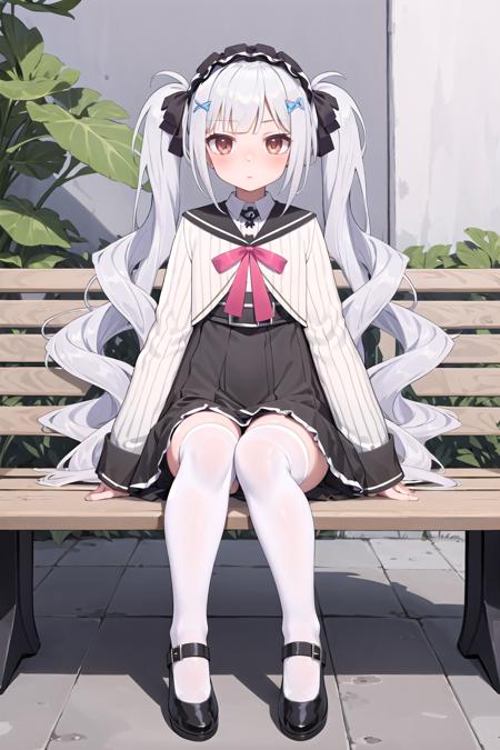 (masterpiece, best quality), 1girl, solo, bench
<lora:koxiaVR_2.0_v3:0.6>, vr-koxia, white thighhighs, hair band, black shoes