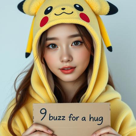 ultrarealism, photorealistic, beautiful girl wearing a cute pikachu outfit, cardboard with inscription "9 buzz for a hug", 20 years old, attractive, curvy, perfect face, korean, "9 buzz for a hug" inscription