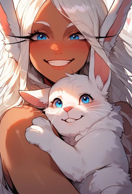score_9, score_8_up, score_7_up, score_6_up,  <lora:p3tl0v3XLP:1> p3tl0v3, 1girl, rumi usagiyama, dark skinned female, pale blue eyes, long dark full hair,  hugging a white rabbit,  tiny hearts, affectionate, smile, smiling