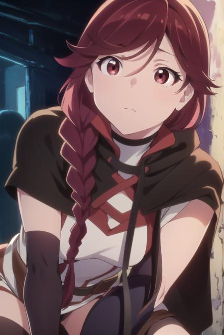 yume, long hair, (red eyes:1.5), braid, red hair, single braid, thighhighs, gloves, boots, shorts, elbow gloves, fingerless gloves, cape, black shorts, red thighhighs,