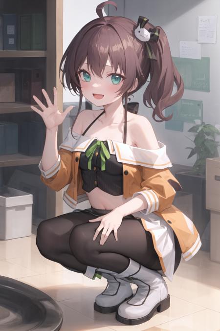 masterpiece, best quality, ultra-detailed, illustration, 1girl, :d, ahoge, bangs, bare shoulders, black pantyhose, black ribbon, blush, boots, breasts, camisole, cat hair ornament, clothes lift, collarbone, crop top, cropped jacket, full body, green eyes, green ribbon, hair between eyes, hair ornament, hair ribbon, halterneck, hand up, jacket, lifted by self, looking at viewer, medium hair, midriff, miniskirt, natsuiro matsuri, neck ribbon, off-shoulder jacket, off shoulder, open mouth, orange jacket, pantyhose, pleated skirt, ribbon, shirt, short sleeves, side ponytail, side slit, skirt, skirt lift, smile, solo, spaghetti strap, squatting, striped, waving, white footwear, white skirt