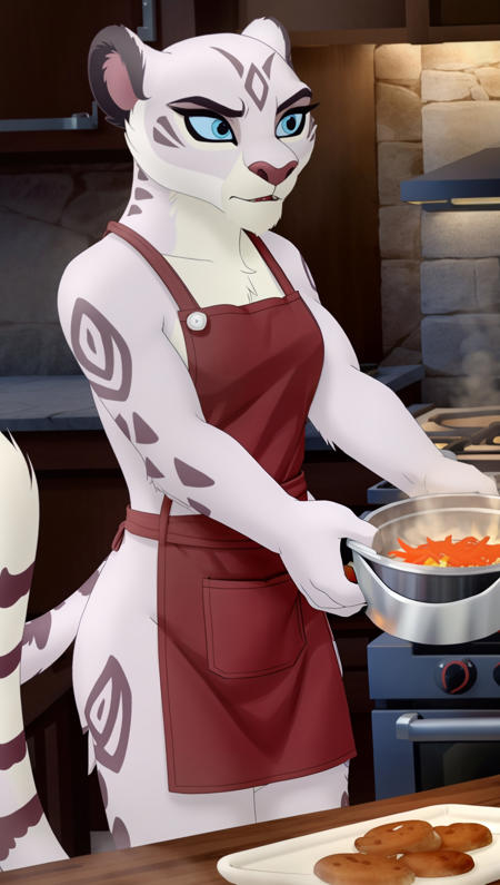 <lora:140835A2A6:0.9> cute anthro snow leopard girl, Chuluun ,  cinematic light, detailed hair, HD, 8k, professional photo, cooking, apron