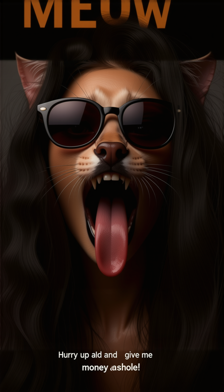 realistic film poster with text "Hurry up and give me the money asshole!" header,spring toothy cat|woman with (pig nose:1.2),sunglasses,macro shot,close-up,wide open mouth,very long tongue,long,wavy bouffant hair down over the body,color contrast,moderate colors,(cold light,:1.2),warm shadows,highly detailed,