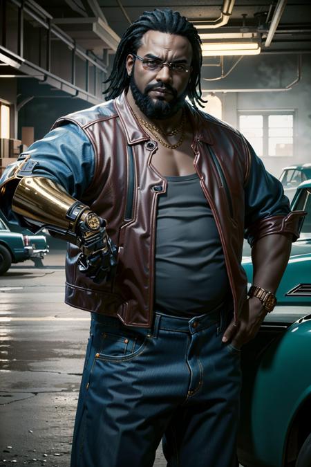 ((ultra detailed, masterpiece, best quality))
 <lora:CyberDexter:0.8>
CyberDexter, 1boy, solo, very dark skin, single mechanical arm, fat, Within a classic car garage, rugged denim and leather jacket, surrounded by vintage cars, posing with an effortlessly cool stance