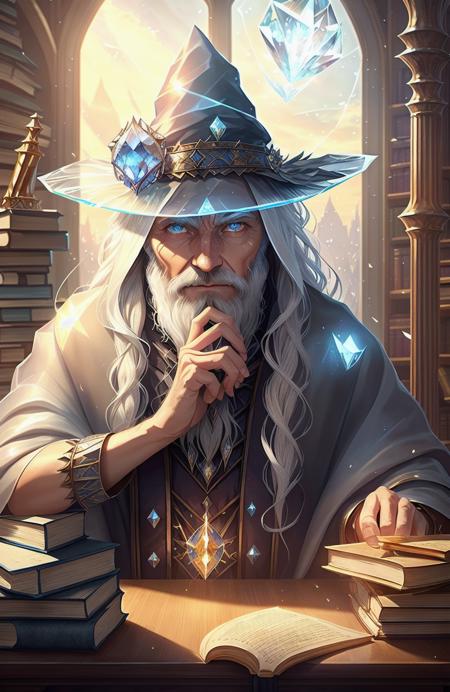 Style-Glass, award winning waist up photo of a fantasy wizard, wizard hat, wearing torn wizard robes, old and wrinkled, long white hair and beard, blue eyes, (casting a magic spell:1.4), library, Style-Lab, piles of (books in foreground:1.3), large window in background, fantasy, wonder, amazing, magical tools on table in background, bright wizard office or study, shiny skin, backlighting, bloom, light sparkles, sharp focus, [Style-Psycho::30], 8k