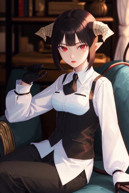 masterpiece, best quality, highres, 1girl horns short hair demon tail, white shirt black ascot black gloves black pants black vest <lora:goumon_torture:1> sitting