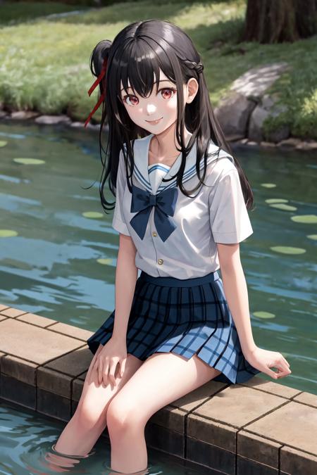 masterpiece, best quality, highres, 1girl red ribbon hair ribbon, serafuku white shirt blue bow blue skirt plaid skirt <lora:nagisa_natsunagi:1> sitting, wading, smile