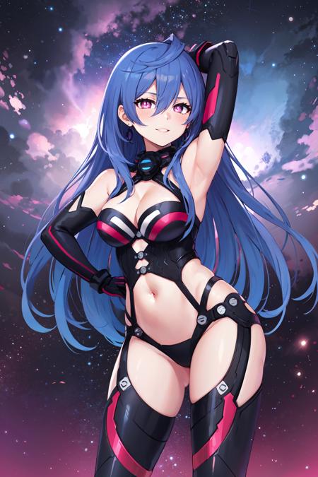 irishrt, power symbol-shaped pupils, very long hair, earrings dominatrix, cleavage, bare shoulders, midriff, elbow gloves, thigh boots, high heel boots