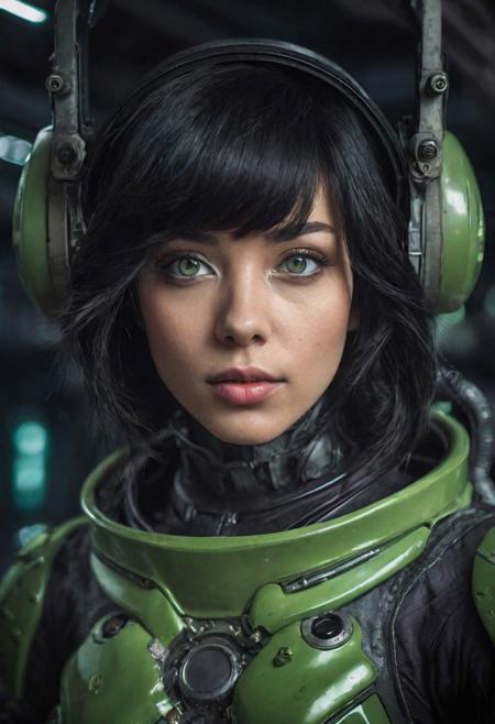 photo of a black hair woman, in space, futuristic space suit, (freckles:0.8) cute face, sci-fi, dystopian, detailed eyes, green eyes, 16k