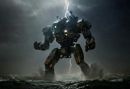 Pacific Rim Striker Eureka, Giant Mecha, Streamlined design, Fighting against monsters in the eye of a deep sea storm, in a thunderstorm, in a dark and lonely atmosphere,
very realistic photography