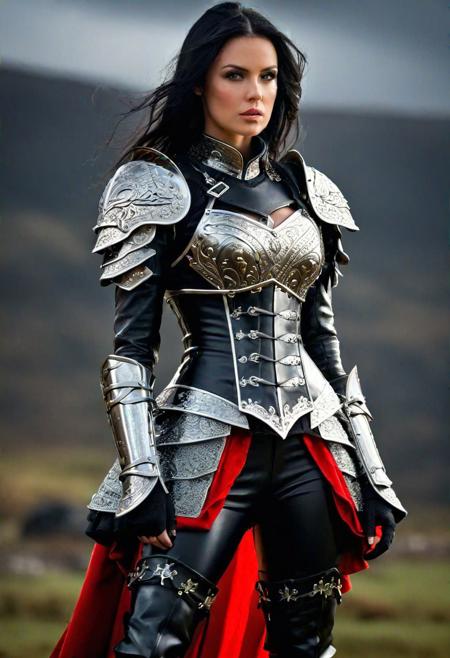 (Best Quality), ((Photo Realistic)), (Full body portrait), ((Professional photography)), Irish warrior queen, layered black hair, intricate armored battle dress, thigh high boots, ((intense metal reflections)), outdoors, red and white, angelic armor and leather, professional lighting, blurry background, soft focus