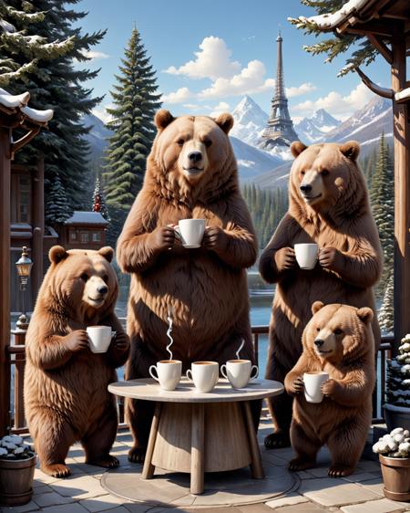 concept art <lora:FF-MJ-Week2-Hot:1> a set of cartoon bears drinking coffee, four humanoid bears, bears, funny illustration, cute illustration, by jeonseok lee, high quality character design, illustrations of animals, great character design, highly detailed illustration.â, by Jang Seung-eop, cartoon brew, cute detailed artwork, bear, by Yoshihiko Wada, drinking tea, by Yi Inmun . digital artwork, illustrative, painterly, matte painting, highly detailed