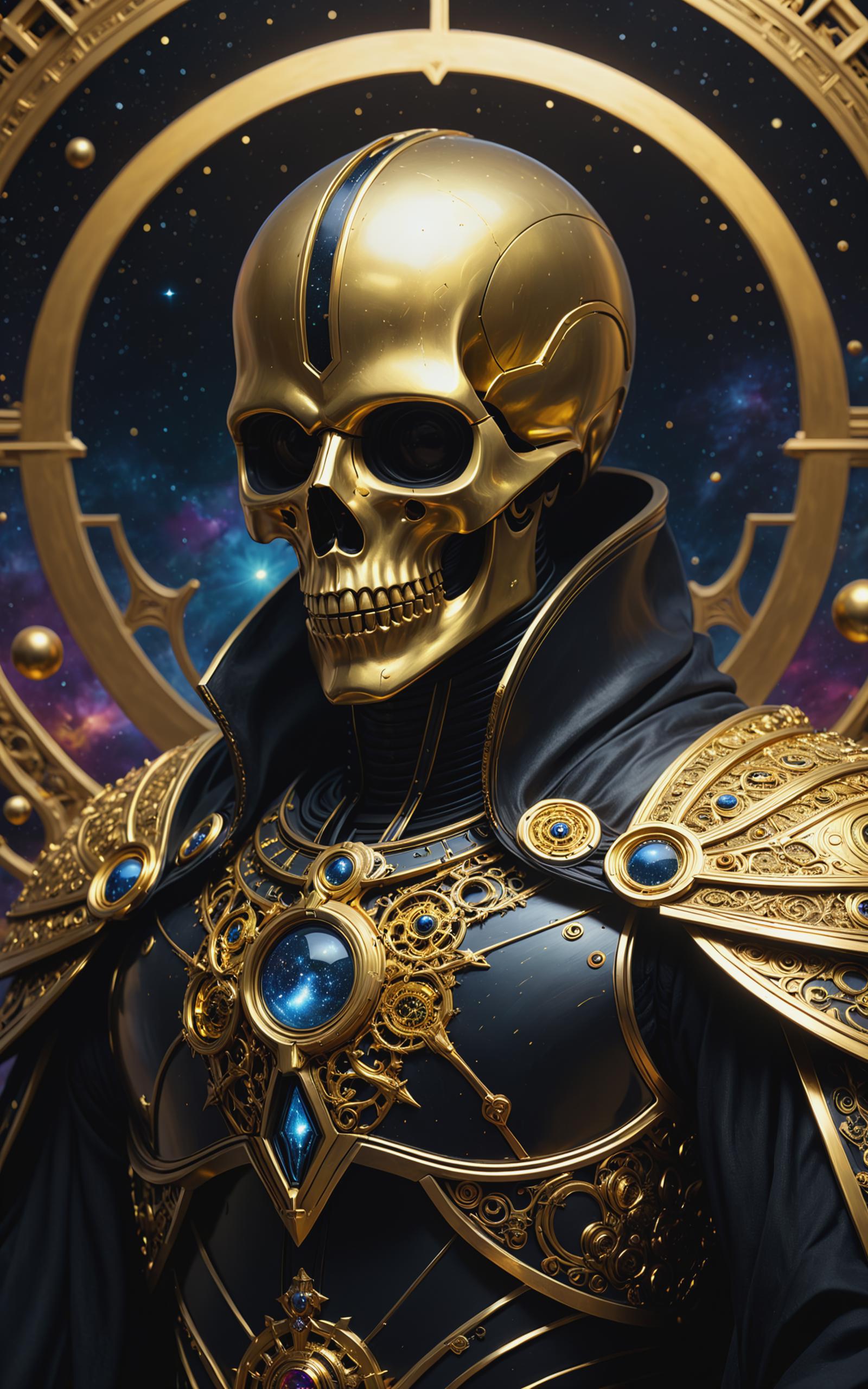 A golden skeleton wearing a black robe and a blue gemstone.
