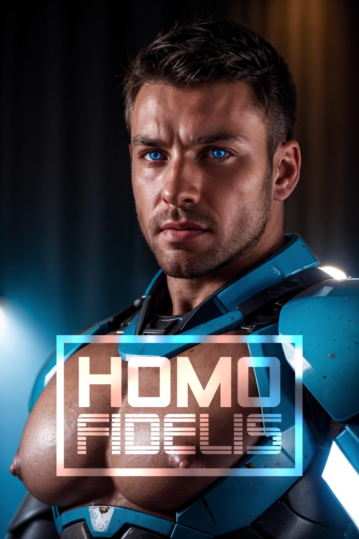 The muscular man with blue eyes and blue armor in the image.