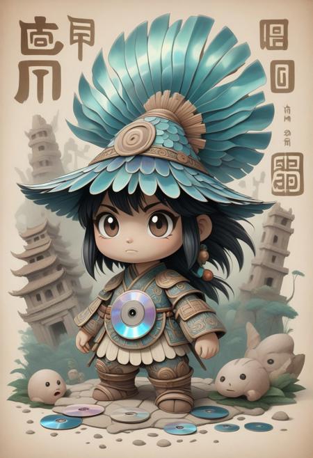 3DMM, in the style of studio Ghibli, chibi, archaeological illustration, vintage style, faded parchment, ancient Chinese  [  warrior  ] made out of CD's, detailed linework, intricate Chinese characters , detailed Asian background, hidden temple ruins, weathered abalone shell, detailed ceramic textures, muted color palette,