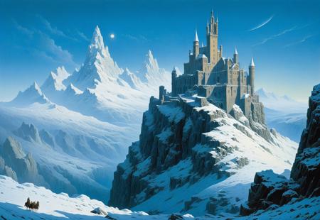 Expressionism, mountain castle, snow, cascade, freeze, frost, by Caspar David Friedrich, Steven Belledin, Gustave Doré, and Wes Anderson, Cosmic, Sci-fi fantasy mystical