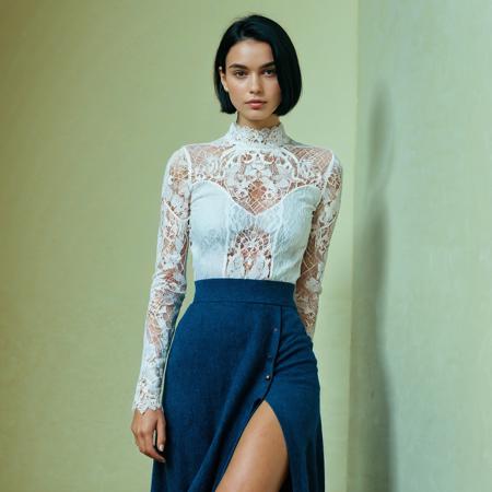 RAW full body analogue photo of a beautiful 20 years old woman, clear focus, 8K,__Random_Woman__,See-through longsleeve white lace top, long narrow black skirt split to the thigh, Cute pixie cut black hair with died blue highlights  ,low light, soft natural light, Rembrandt style light, Hasselblad DLSR camera, 200mm Zeiss lens, f/2.8, ,Sexy pose, erotic pose, exhibitionism