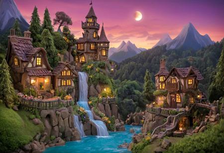 (novuschroma51 styleA breathtaking magical world where everything is sculpted from smooth,) colorful clay. Rolling hills, towering castles, and enchanted forests are crafted with soft, rounded details, giving a handcrafted and playful charm. Tiny clay villages with whimsical houses, glowing lanterns, and cobblestone streets stretch across the landscape. In the center, a majestic clay waterfall flows like liquid magic, glowing faintly with an ethereal shimmer. The sky is painted in soft pastel hues, with floating clay islands drifting gently above. Throughout the scene, charming clay figurine characters—knights, wizards, fairies, and mythical creatures—move as if alive, their expressions full of warmth and wonder. The lighting is soft and enchanting, casting gentle shadows that enhance the handcrafted textures. The entire world feels like a living fairytale, bursting with imagination and magic.