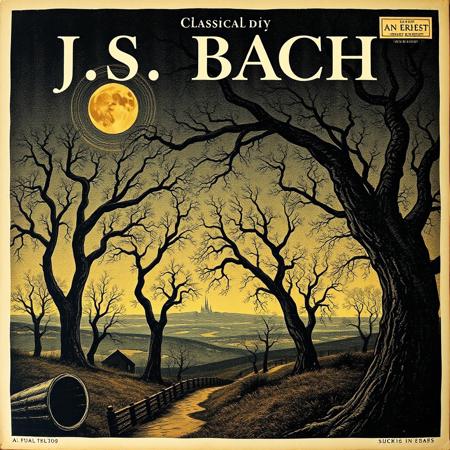 A cover of a Classical album of "J.S. BACH"  with art in the style of Max Ernst's Lithographs