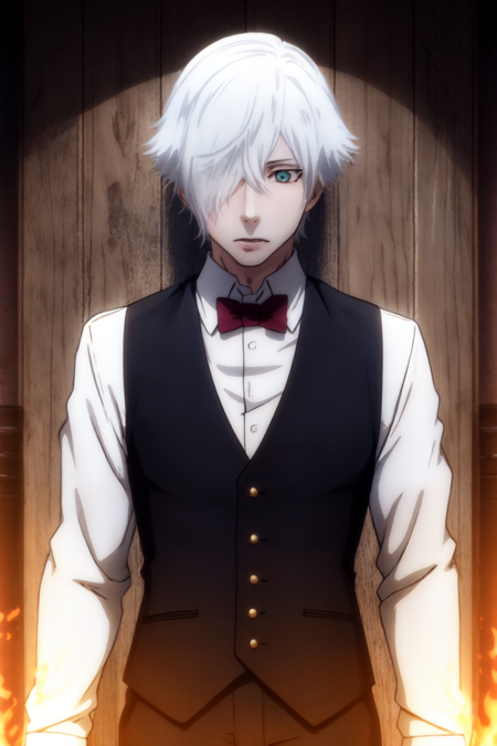 (masterpiece, best quality:1.4), decim \(death parade\), black vest, red bowtie, white shirt, upper body, (hell:1.2), fire, death, (skeleton:1.2) <lora:ironcatlora7Decim_v10:0.7>