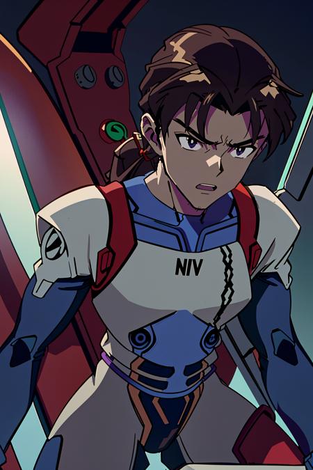 1boy, fei fong wong, (teenage boy, male:1.3), (eva pilot, wearing a plugsuit:1.5), brown hair, ponytail, full body, in NERV command center, (masterpiece) (best quality) (detailed) (8k)  (wallpaper) (cinematic lighting) (sharp focus) (intricate), (masterpiece:1.2) (best quality) (8k) (HDR) (cinematic lighting)<lora:fei_fong_wong_style_agnostic:1><lora:evangelion_anime_style_offset:1>