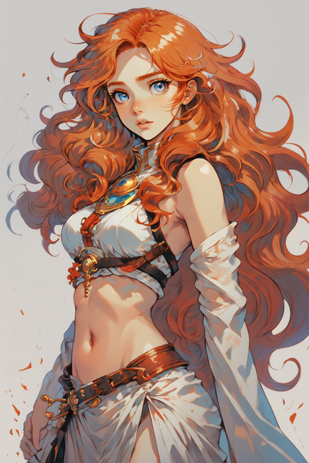 Paint_Style, 1girl, solo, long hair, breasts, looking at viewer, blue eyes, simple background, white background, navel, bare shoulders, medium breasts, upper body, red hair, parted lips, midriff, signature, orange hair, lips, wavy hair, freckles, curly hair <lora:Paint_Style:1>