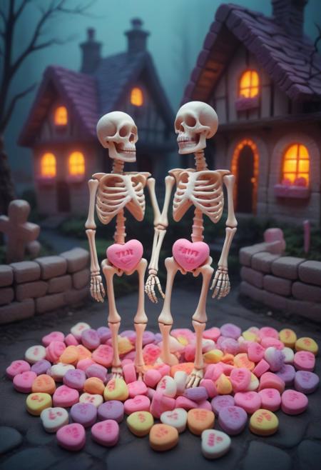 cute skeletons stands in a cute village made from candyhearts, vivid colors, masterpiece, best quality, sinister light, moody scene, hazy