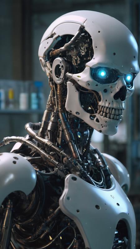 Cyberpunk, sci-fi, dark-fantasy, kodak portrait 400, 8k, soft light, volumetric lighting, highly detailed, britt marling style 3/4, portrait photo of a war man cyborg robot in a chemical laboratory during work + face, face is skullbone with scares, intricate, elegant, highly detailed, devil-armor, 2D motifs detailed dark fantasy digital painting, artstation, concept art, smooth, sharp focus, illustration, art by Otomo Katsuhiro and ShirÅ Masamune and Oshii Mamoru. Cosmic light in backfront