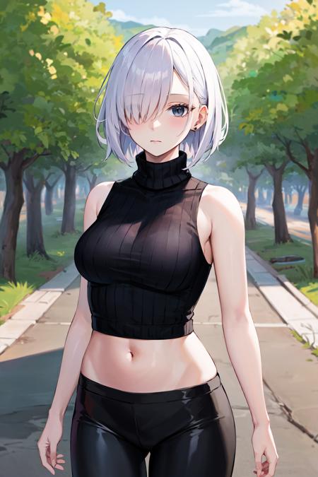 masterpiece, best quality, highres, fiona1, spy x family,  hair_over_one_eye, solo, jewelry, turtleneck sweater, <lora:fiona_frost_v1:0.7>, expressionless, midriff, black leggings, outdoors, sleeveless,