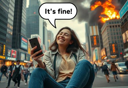woman sitting in city playing with phone with text bubble above her head saying "It's fine", relaxed, happy, aliens attacking, chaos around her, people running, buildings burning, dynamic angle, warm hues, realistic, photorealism, hd, 8k, high definition, score_9, score_8_up, score_7_up, score_6_up,