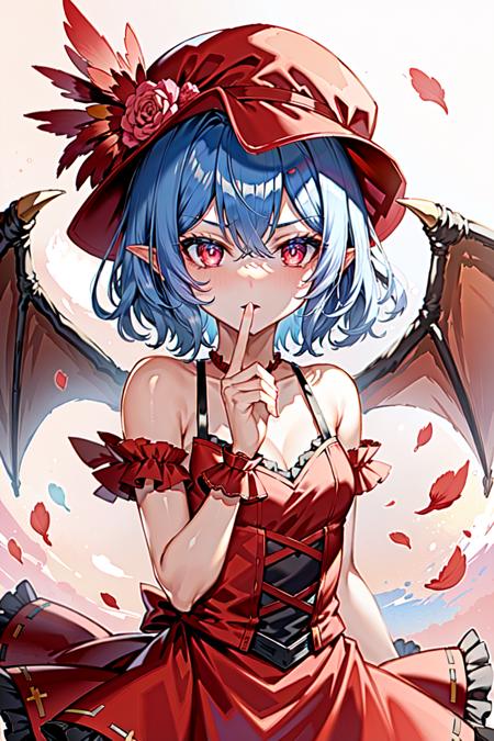 <lora:MasterpiaceSTYLEv3:0.6>
1girl, solo, remilia scarlet, wings, hat, flower, bat wings, red eyes, wrist cuffs, short hair, hat ribbon, upper body, ribbon, slit pupils, looking at viewer, traditional media, blue hair