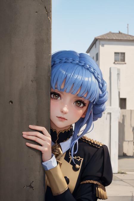 (masterpiece, best quality:1.2), upper body, solo, 1girl, marianneuniform, shy, looking at viewer,  peeking out, crown braid, uniform, epaulettes, long sleeves <lora:fireemblem_marianne_v2-10:1> <lora:Pos_PeekingOut:1>