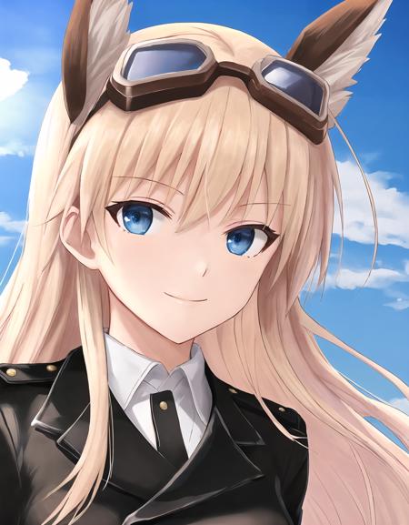 <lora:Hanna-10:1> Hanna , long hair , blonde hair , blue eyes , jacket , skirt , military uniform , goggles , white underwear , goggles on head , portrait , smile , sky background ,