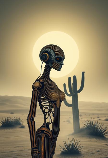Text'beach where', Vector Art, Two Toned bleaked beige-red and black, Closeup Portrait, Monochrome, Closeup Portrait of a minimalism surreal Silhouette Striped old rusty Female steampunk cyborg made of blue-gold metal, its body is made entirely of lines and Stripes resembling wires, the eyes are dimly lit, and one arm is missing. It stands in a dusty desert in scorching heat. A cactus can be seen with an earth Like halo infront a Striped deep space embedded in a grignani inspired monochrome with greyscale lines, an Image completely made of bold thick lines, perfectly aligned, a Illusion Made of lines