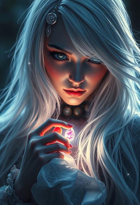 Shadowed-luminary, nightmare-fantasy woman with silver-white hair, graphic-adventure character, embracing a small glowing wish-ruby, realistic and highly detailed photograph, soft pastel hues, dramatic realism, sharp-focused, wide-angle, with motion-blurred background, delicate sparkles in asymmetrical hair layers