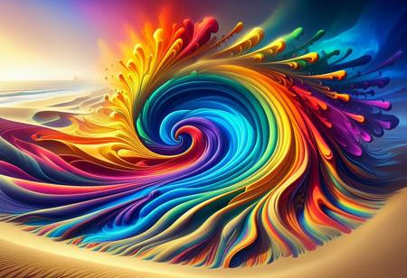 Swirling Fractal Rainbow Cartoony, swirling sand, intense colors, strong shadows, cartoony realism