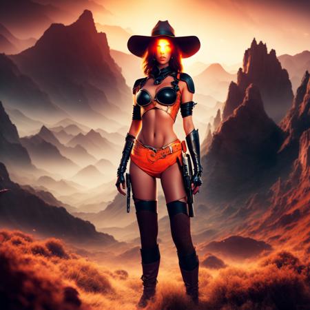 an attractive woman [gunslinger:bounty hunter:0.4] standing in a fantasy wilderness (fractalgeo style:1) <lora:djzFractalGeo_LB2:0.8>