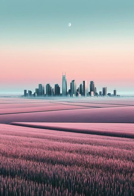 surreal landscape, muted colors, dreamlike fields, modern city skyline, soft gradients, simplified forms, Scandinavian influence, surreal geometry, mystical atmosphere, minimalistic detail, vast open space, existential contrast, pastel sky, introspective mood, timeless composition