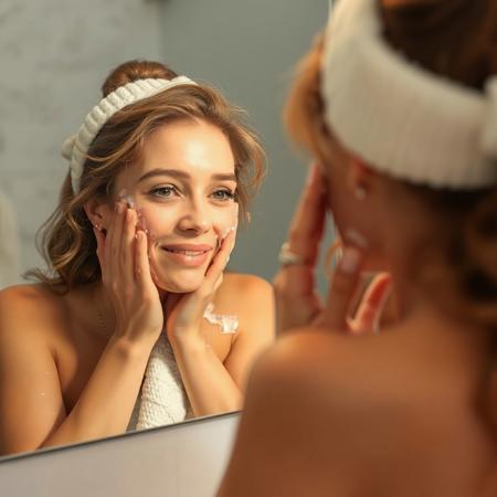 beautiful woman washing face in the morning in bathroom in front of mirror