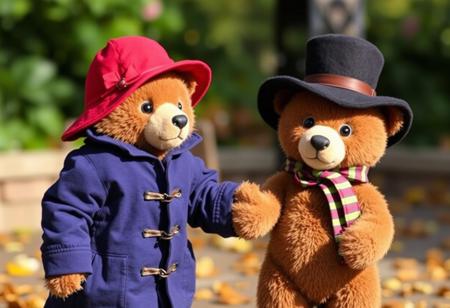 Paddington bear and Rupert the Bear holding hands.