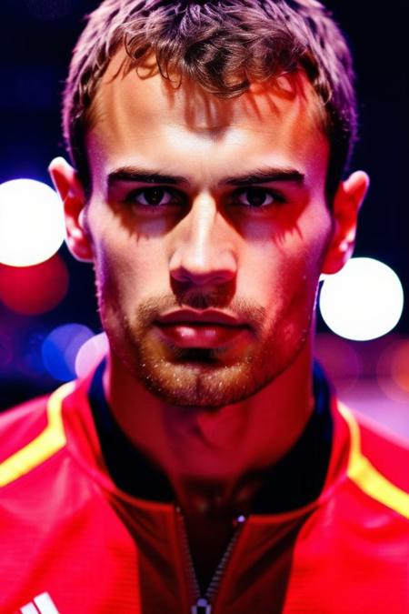 Gerard Piqu a man <lora:Theo-James_Gerard-Piqu:0.9>, realistic photo in a worn ((red tracksuit, massive hairy pecs)), ((light bokeh)), intricate, (steel metal [rust]), elegant, sharp focus, photo by greg rutkowski, soft lighting, vibrant colors, (masterpiece), ((streets)), (detailed face), looking at viewer, light smile, night, walking towards viewer, cinematic lighting, beautiful lighting, cinematic lighting, (hazy filter, film grain:1.2)