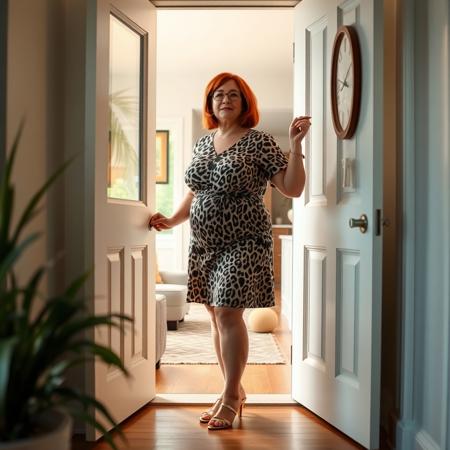 full body shot chubby woman forty years old 5'7" red shoulder length hair glasses animal print mini dress, gold sandals 
opening front door inviting inside external view livingroom visible behind her
