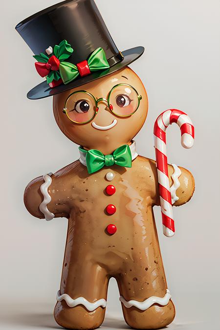 ((masterpiece,best quality)), absurdres,
<lora:Gingerbread_Man:0.8>, Gingerbread_Man, food, cookie, food focus,
simple background,  grey background, 
looking at viewer, top hat, bow, standing, full body, glasses, bowtie, candy, green bow, top hat, round eyewear, green bowtie, candy cane