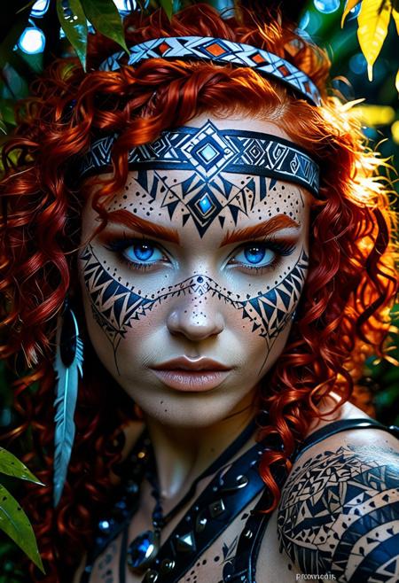 (Extreme close-up portrait:1.3), fierce tribal huntress with vibrant fiery red curly hair, intricate geometric primal tattoos symmetrically covering her skin, striking blue eyes, (prominent scar across eyebrow and eye:1.2), leather headband on forehead. Dressed in revealing fur clothing, peering intensely through dense jungle foliage at night. Dramatic chiaroscuro lighting, moonlight casting sharp shadows, atmospheric, hyperdetailed skin, sharp focus, (cinematic shot:1.1), primal aesthetic, (wild, untamed look:1.1), depth of field, (fantasy art:1.3), (watercolor drawing:1.3)