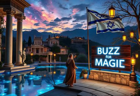 A mystical landscape at twilight, centered around a glowing crystal lake reflecting vibrant nebulae and distant galaxies. Grand marble columns and statues reminiscent of Italian architecture line the shores, adorned with glowing vines. Towering bioluminescent trees with ornate branches softly illuminate the scene, while terraced villas and cascading fountains, inspired by Tuscany, rise in the distance. Iridescent mountains blend with the luminous clouds above, creating a dreamlike horizon.
In the foreground, a figure in flowing robes reminiscent of Renaissance nobility stands on a stone piazza leading to the lake. Around them, floating orbs of light and ancient runes circle as they weave a magical spell. Nearby, an elegant wooden sign made from polished mahogany, with intricate scrollwork and gilded edges, reads ‘BUZZ for MAGIC’ in sleek Futura font, glowing faintly in neon white, perched atop a stone pedestal. In the background, a large flag sways gently in the wind, a seamless blend of the American flag’s stars and stripes with the Star of David from the Israeli flag, representing unity and strength. Golden lanterns sway in the gentle breeze, adding warmth to the serene atmosphere. The entire scene is a fusion of otherworldly beauty, timeless Italian elegance, and symbolic unity, where nature, art, and magic blend in perfect harmony
