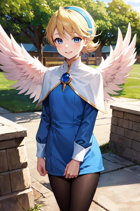 masterpiece, best quality, highres, ddnina, blonde hair, short hair, swept bangs, hairband, blue eyes, angel wings, white wings, white capelet, brooch, blue dress, long sleeves, black pantyhose, <lora:nina_bof4_v1:0.7>, standing, cowboy shot, outdoors, smile