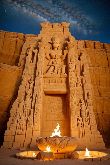 massive stone throne carved into a desert cliffside, dedicated to the goddess Isis, glowing moonlight casting soft shadows across ancient symbols, the Milky Way stretching overhead, ceremonial fire bowls flickering in the wind, faint magical aura, cinematic desert fantasy under the stars, ultra-realistic