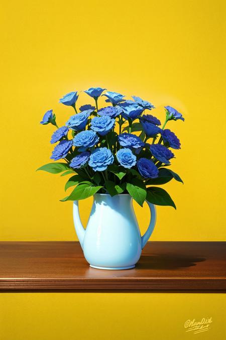 flatflower, no humans, flower, simple background, plant, blue flower, leaf, white flower, bouquet, signature, still life, yellow background <lora:flatflower:1>